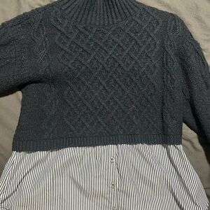 Maeve Navy Cable Knit Twofer Sweater with Striped Hem